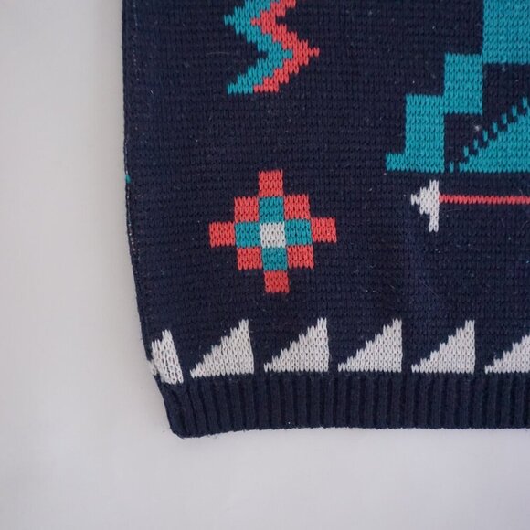 Vintage '80s B.E-Z Navy Teal Aztec Biggie Cosby Chunky Knit Crewneck Sweater L - Picture 7 of 9